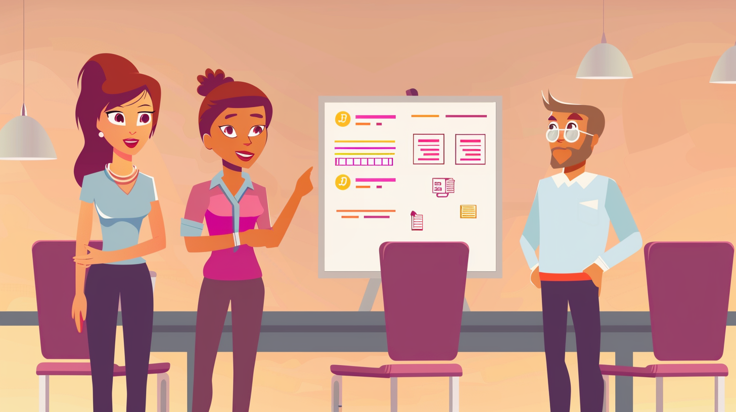 Cartoon-style illustration of three people in a meeting room, standing in front of a whiteboard with icons, looking engaged.