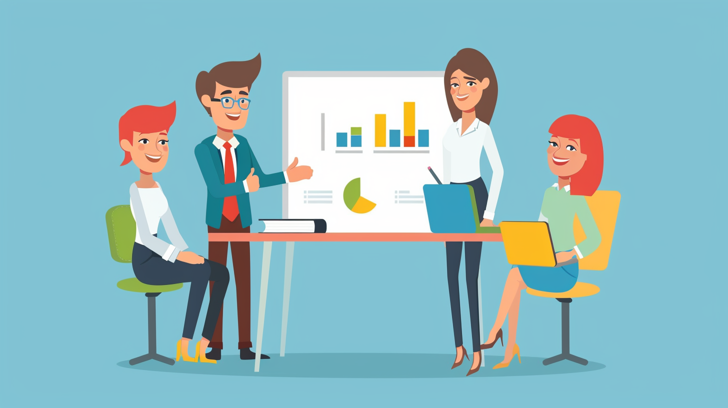 Cartoon-style illustration of a business team presenting a bar graph and pie chart in an office, with vibrant colors.