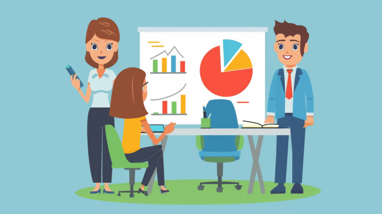 Cartoon-style illustration of a business team presenting growth and data on a whiteboard, with a colorful background.