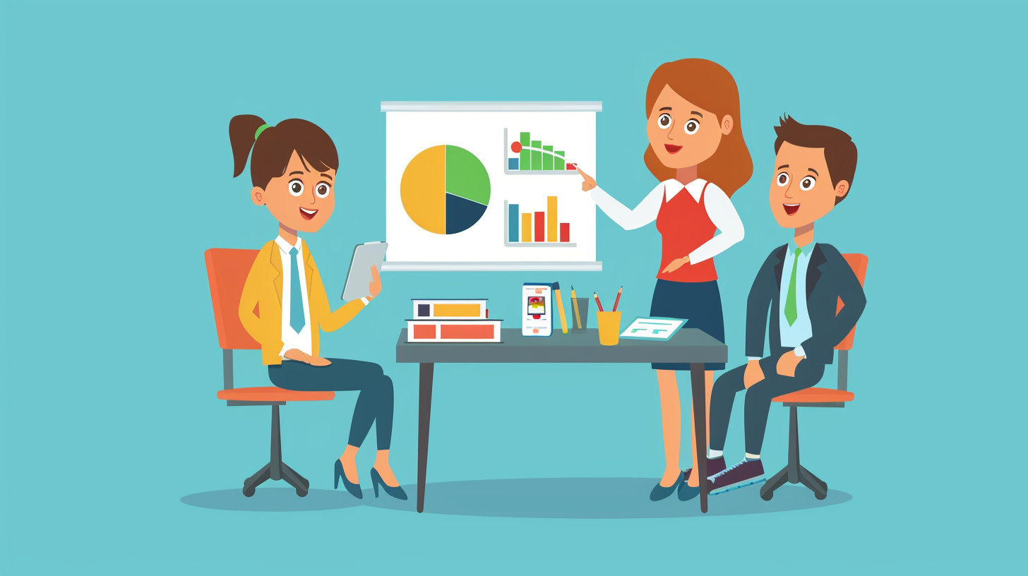 Cartoon-style vector of a businesswoman presenting data with charts to two colleagues at a desk, blue background.