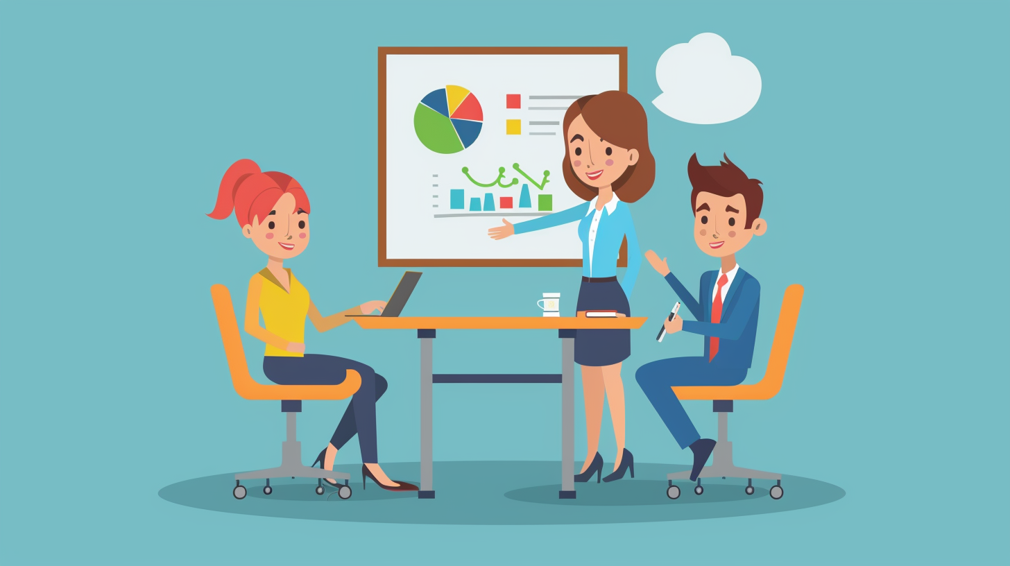 Flat vector illustration of a woman presenting graphs at a meeting, with two colleagues at the table, blue background.