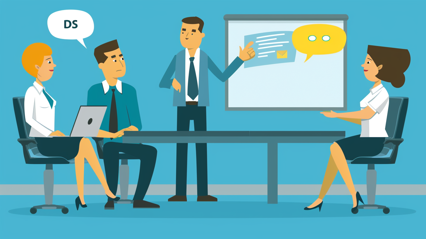 Flat vector illustration of three business people at a table with one presenting on a whiteboard, speech bubbles, blue background.