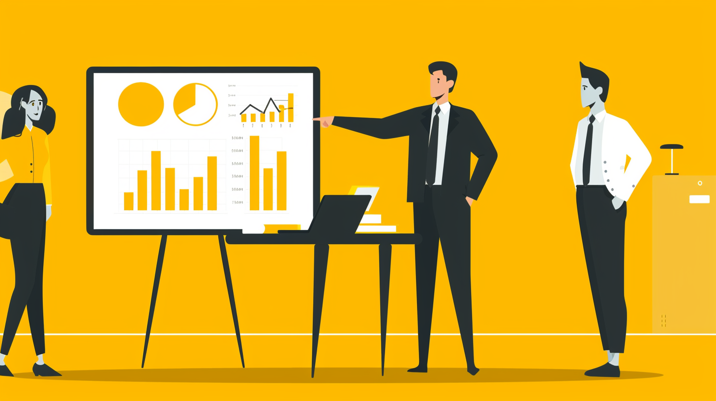 Flat vector illustration of business people presenting on a whiteboard with a yellow data chart background.