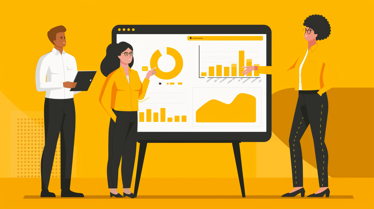 Flat vector illustration of three people presenting data on a whiteboard with graphs in a yellow color scheme.