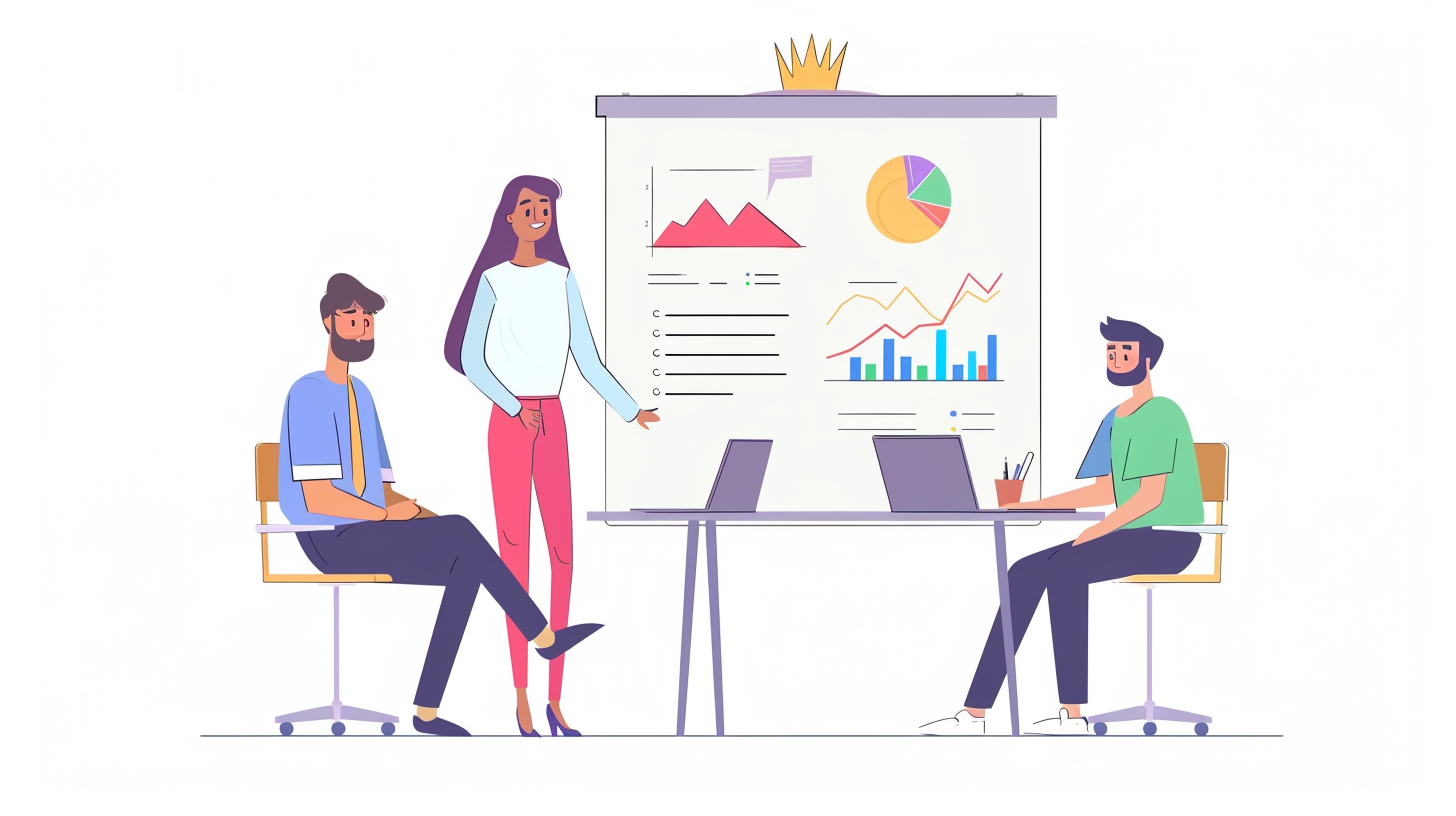 Flat vector illustration of a business presentation with a woman presenting data on a whiteboard, two men using laptops, and a crown above them symbolizing success.