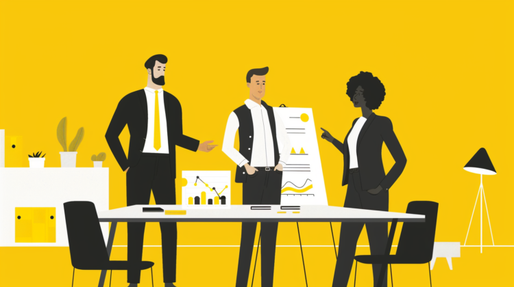 Business Presentation Deck With Graphs - Free AI Image: Three business people discuss around a table with a whiteboard in a minimalistic office with black and yellow colors.