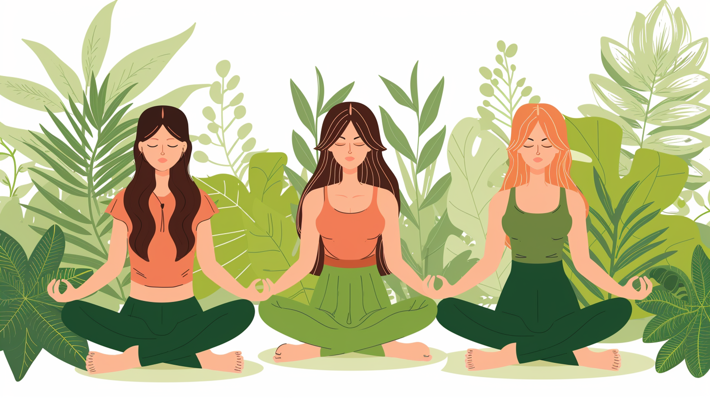 Three women meditate in lotus position, surrounded by green plants in a flat vector illustration.