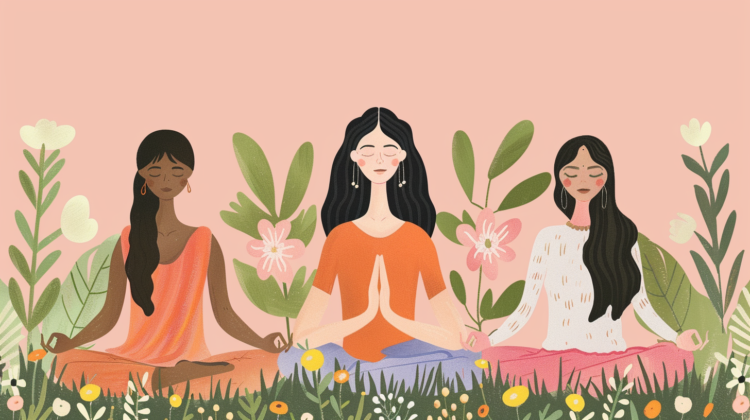 Three women meditate in lotus position surrounded by flowers and greenery, with soft pink background and pastel outfits.