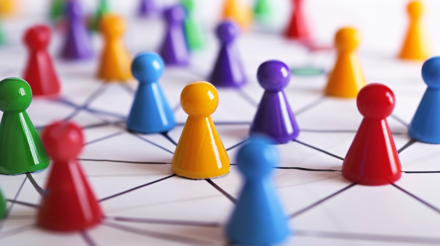 Colorful board game pieces on a graph with lines, symbolizing a network of people in social media marketing.