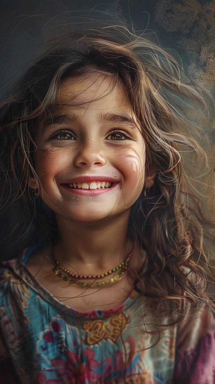 Free AI Image: Dreamy Portrait of a Young Girl - A smiling young girl with flowing hair, soft light, and a dark background, in a dreamy, romanticized realism style.