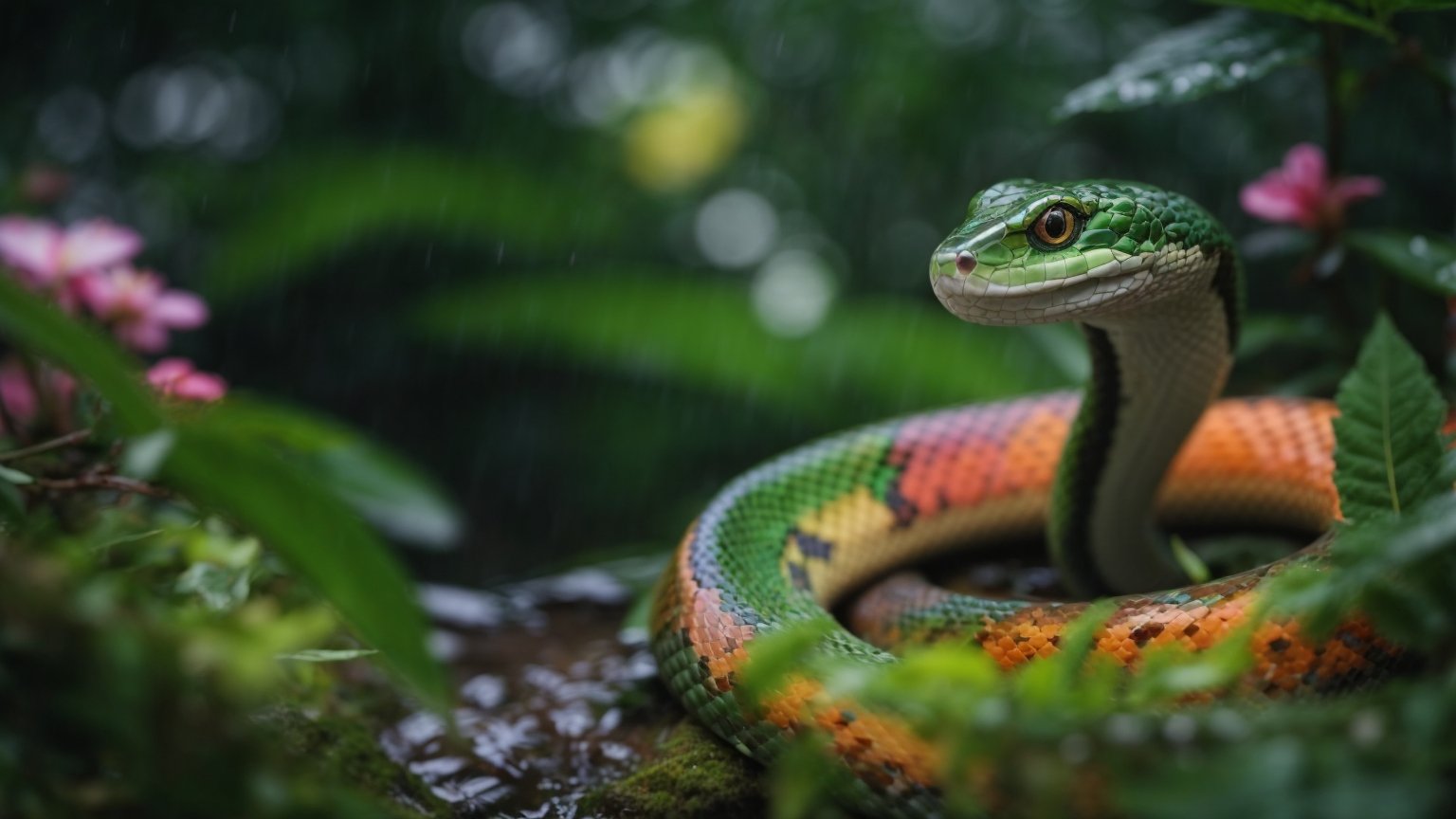 A colorful snake with its head raised in fear, standing on mossy ground, surrounded by green leaves and flowers.