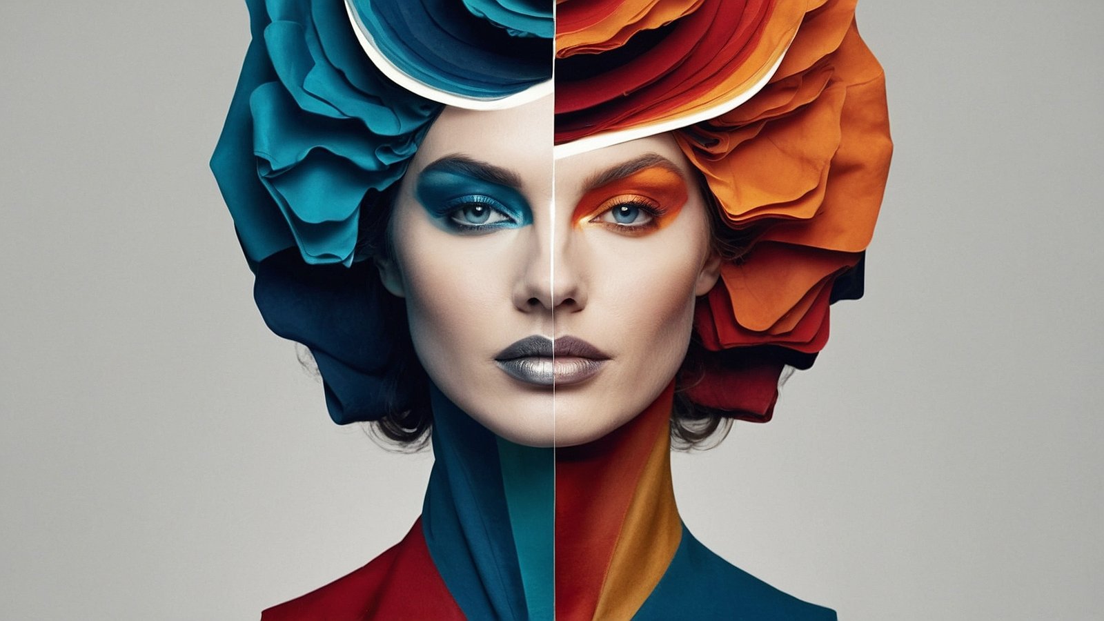 A stylish woman with avant-garde hair, colorful makeup, and a paper outfit, split into blue and orange-toned halves.