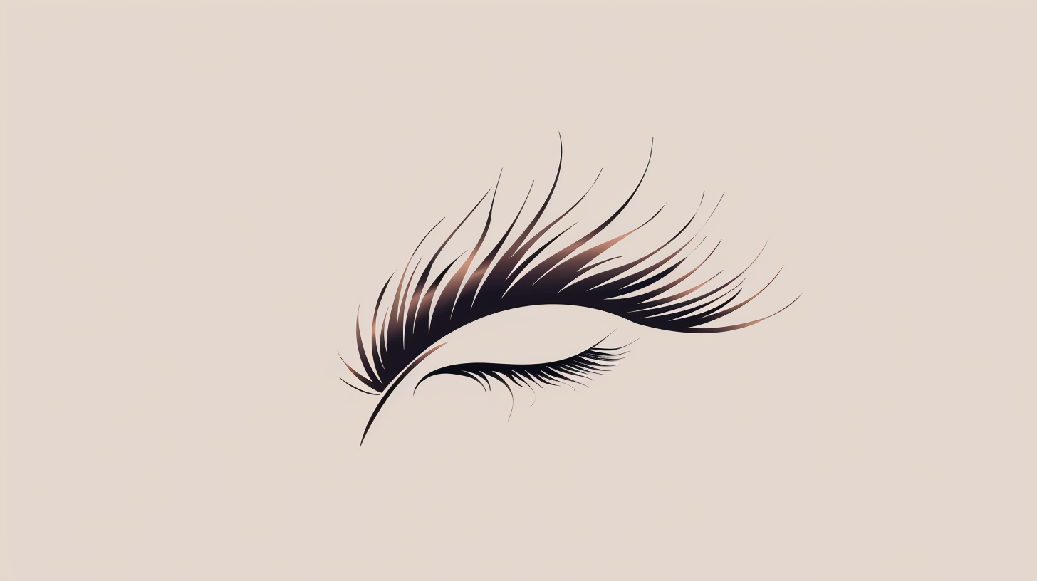 Free AI Image: Eyelash Extensions Logo - Minimalistic line art logo of long eyelash extensions with brown accents on a beige background.