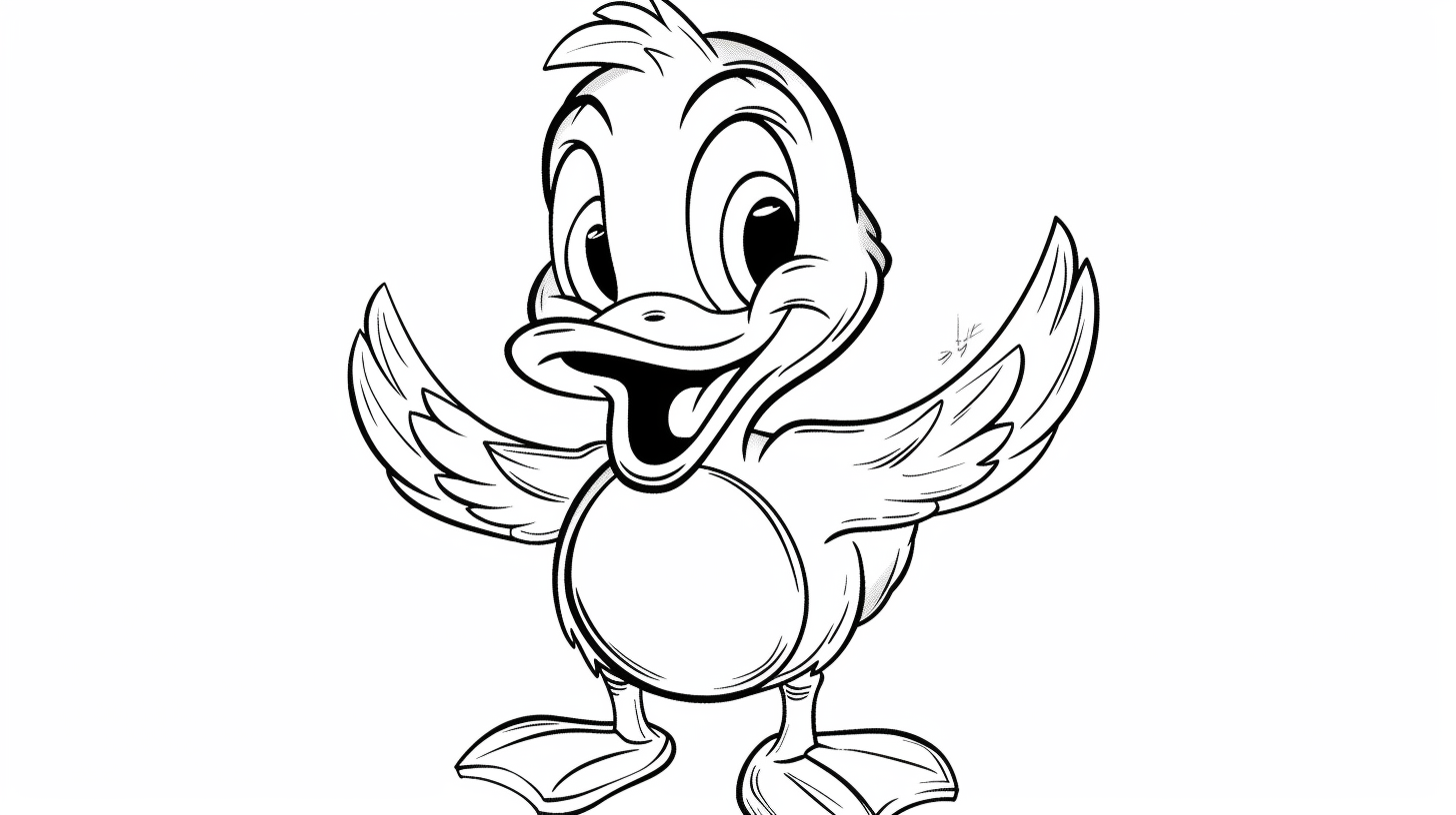 Free AI Coloring Page: Cute Duck - Cartoon-style baby duck smiling, designed for a kids' black-and-white coloring page, with Pixar-inspired details.