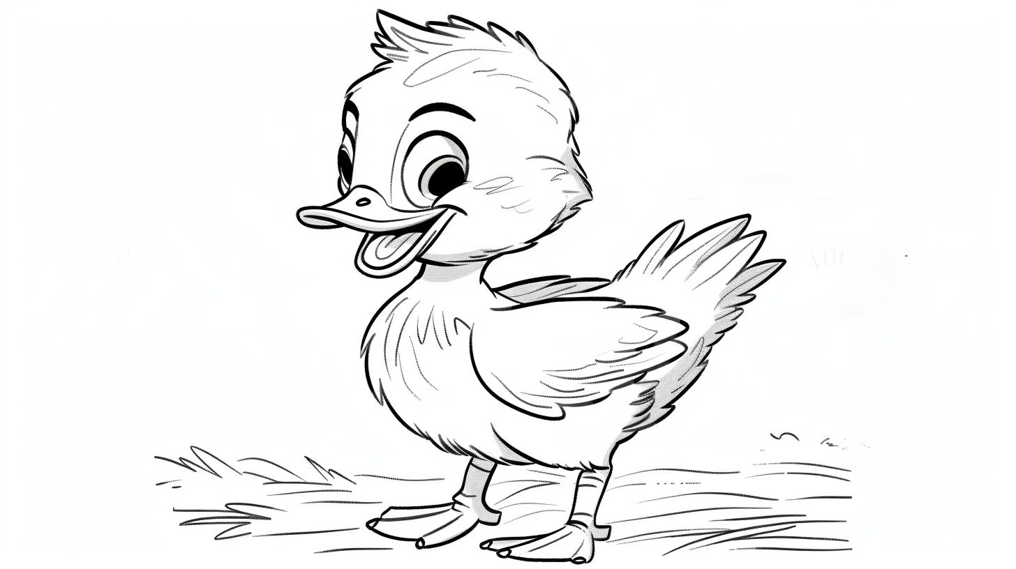 Free AI Coloring Page: Happy Duck - Smiling baby duck in a cartoon style with thick lines and no shading, designed for a kids' coloring page.