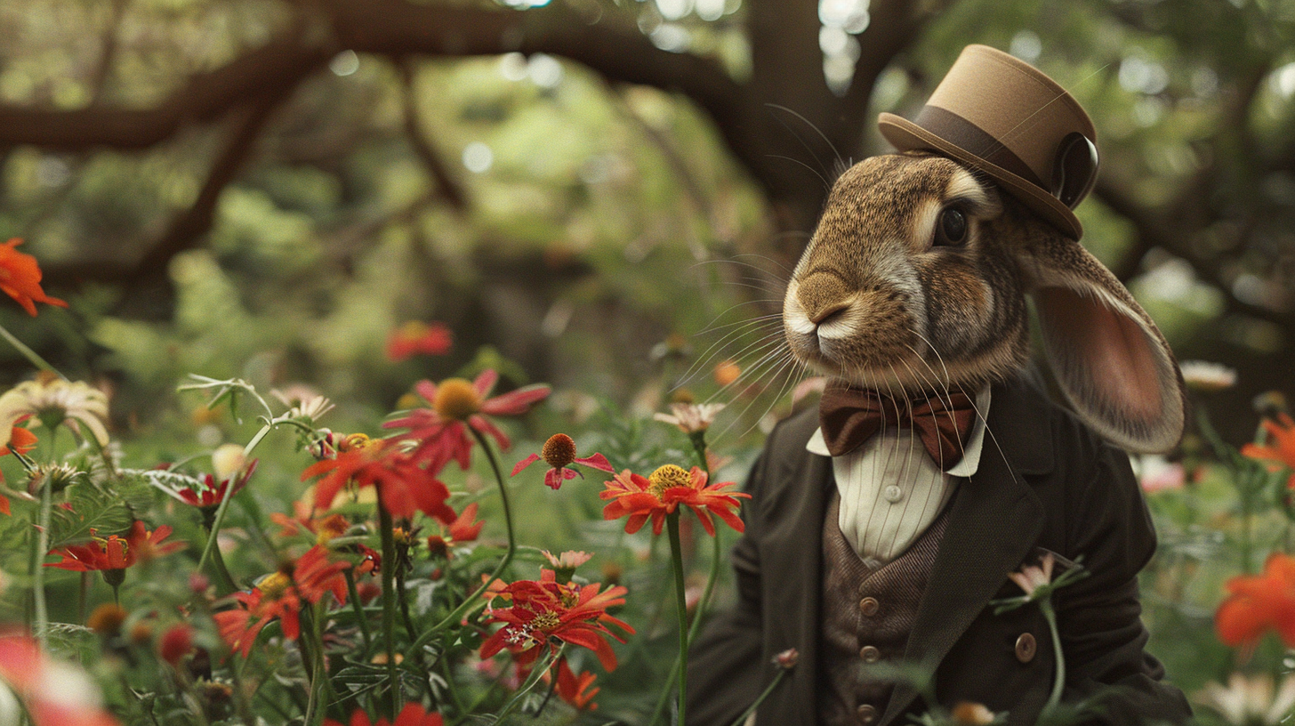 A brown rabbit in a dark suit, bow tie, and hat, standing in a flower garden with a dreamy, surreal feel.