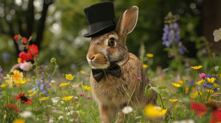 A cute brown rabbit in a black top hat and bow tie, standing in a colorful wildflower meadow.