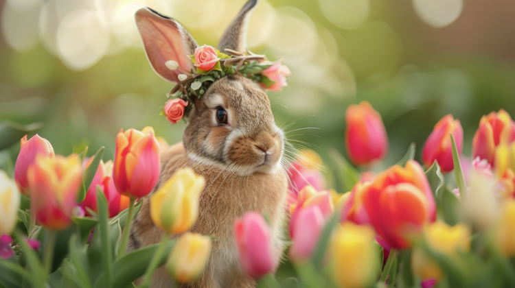 An Easter bunny wearing a tulip wreath, surrounded by colorful tulips in full bloom, celebrating the joy of Easter.