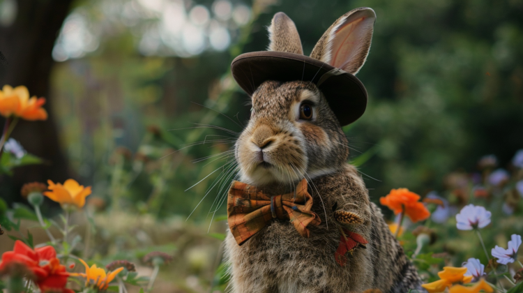 A brown rabbit in an orange bow tie and hat, standing in a garden with colorful flowers and green trees.