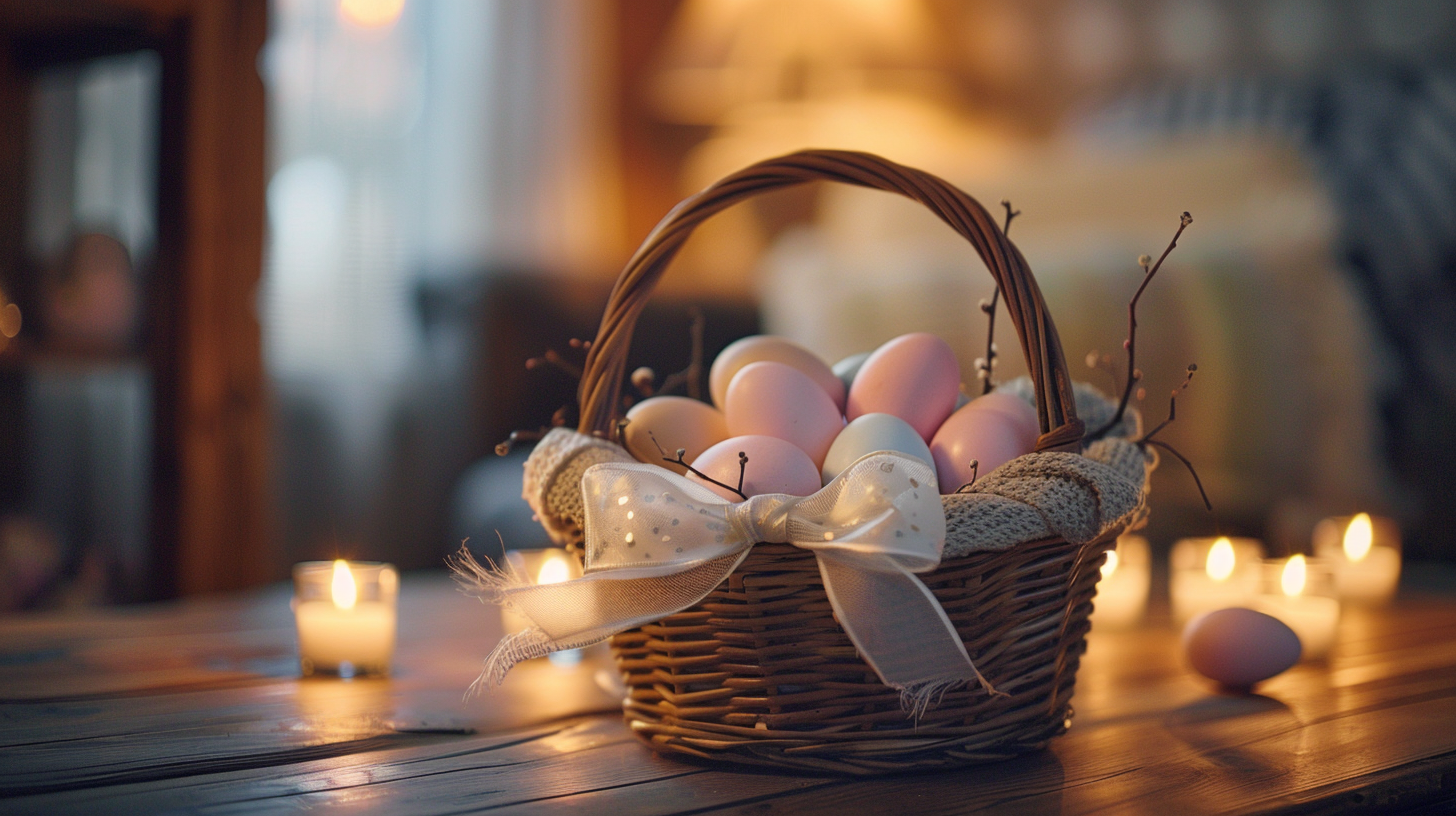 Easter basket with pastel eggs and candles on a table, in a cozy home with warm natural light from a window.