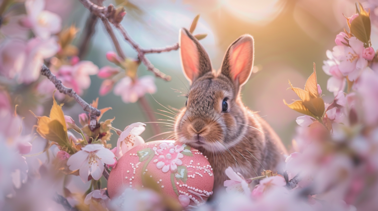 A cute Easter bunny holding a painted egg, surrounded by cherry blossoms with soft sunlight filtering through the leaves.