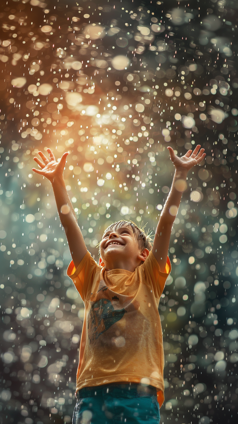 A joyful boy stands in the rain with arms raised, smiling as droplets splash around him.