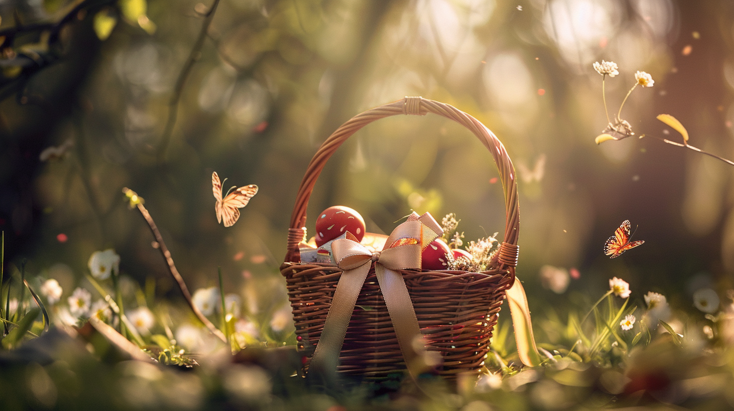 Free AI Image: Easter Basket - Easter basket with eggs and ribbons in the grass, surrounded by butterflies, with soft sunlight in an enchanted forest