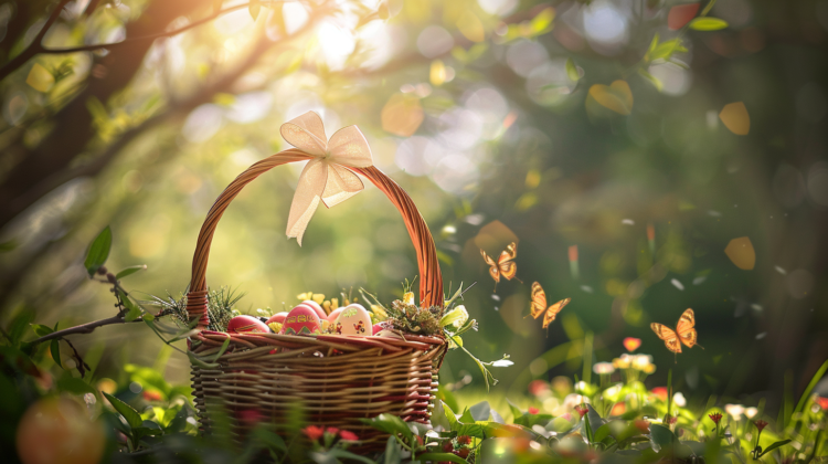 Easter basket with colorful eggs and ribbons, surrounded by butterflies in a sunlit enchanted forest.