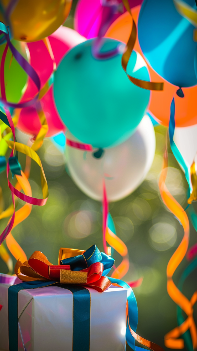 Gift box with ribbons, balloons, and streamers in a sunlit room, with blurred green trees outside, creating a joyful scene.