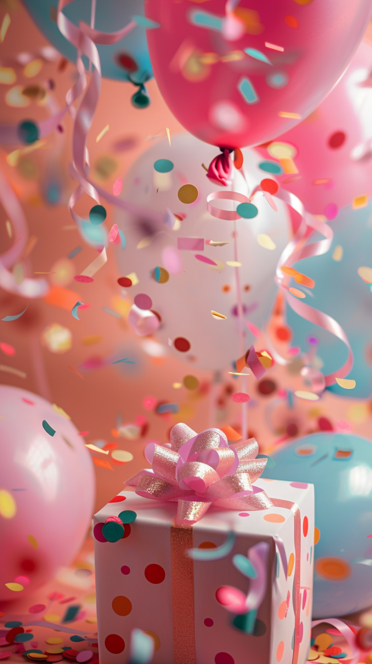 Birthday gift with a pink ribbon, surrounded by pastel confetti and balloons, in a detailed photorealistic style.