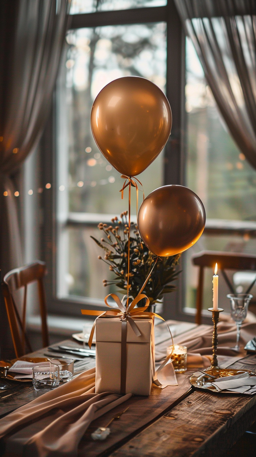 Gift box on a dining table with gold balloons, soft lighting, and large windows creating a warm, cozy ambiance.