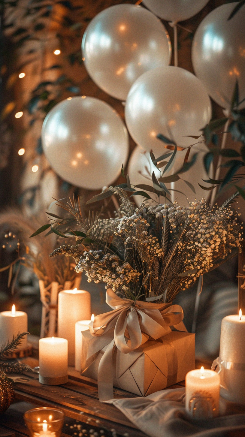 Boho-style table with white balloons, candles, flowers in vases, and gift boxes wrapped in brown paper with satin ribbons.