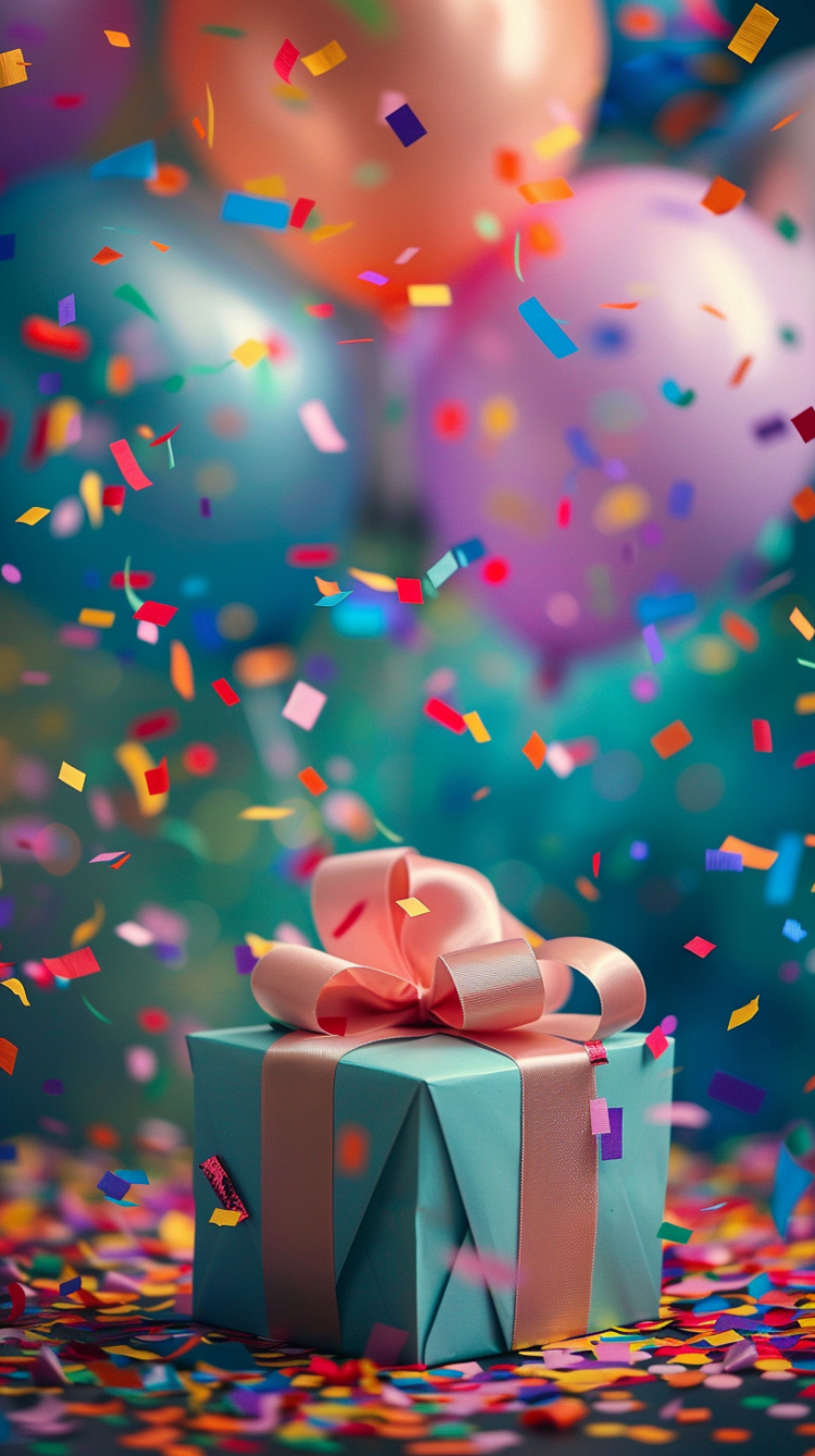 Festive gift box with confetti and balloons in the background, celebrating Christmas or a birthday with vibrant colors.