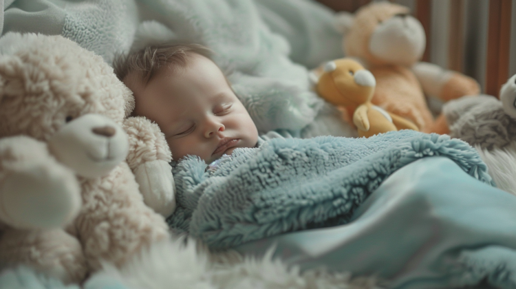 Sleeping baby cuddling stuffed animals in a warm, pastel-colored room, creating a peaceful and cozy atmosphere.