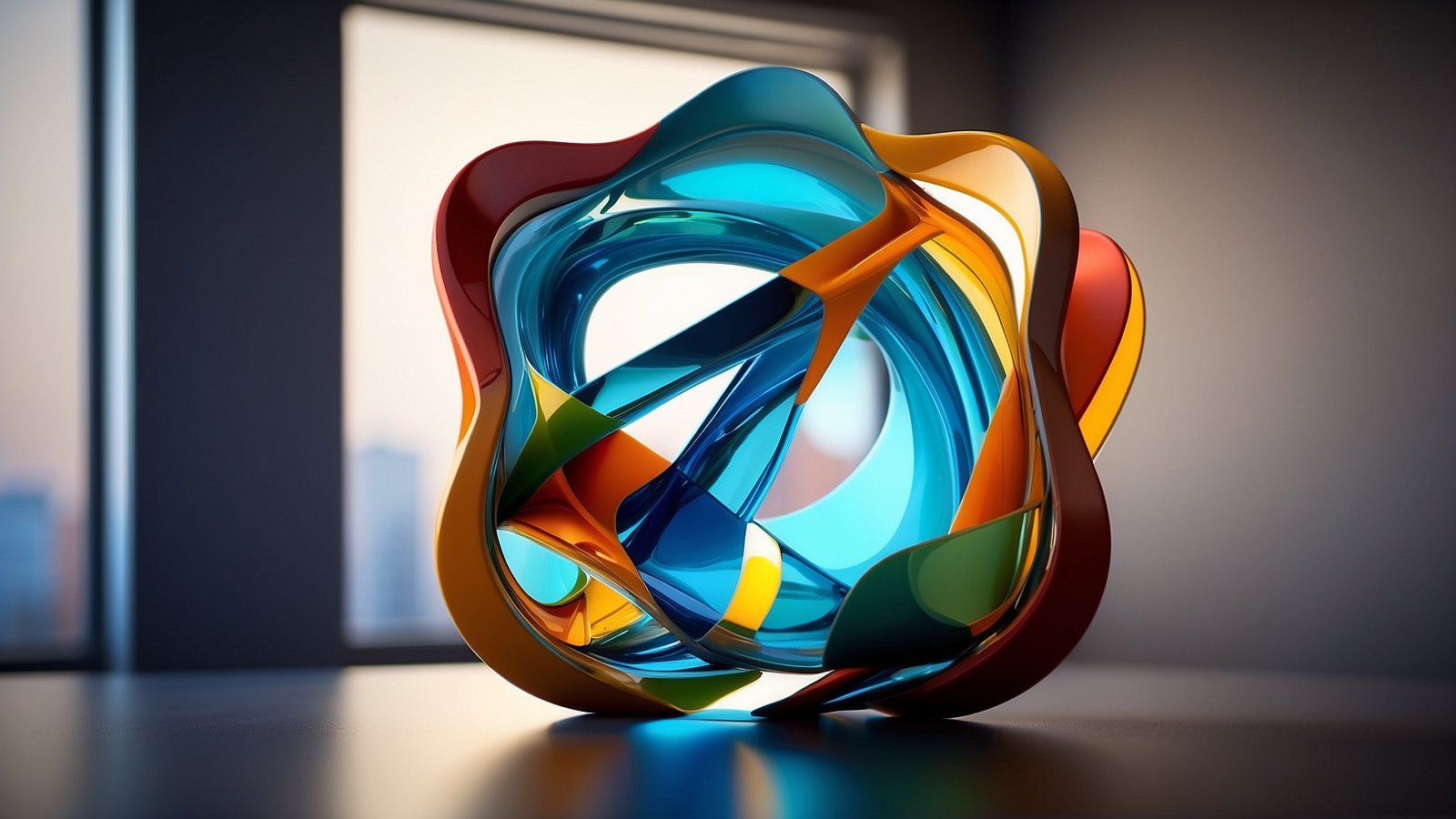 Free AI Image: 3d Glass Sculpture - Colorful glass sculpture in a 3D-rendered office setting, blending abstract art with modern workspace aesthetics.