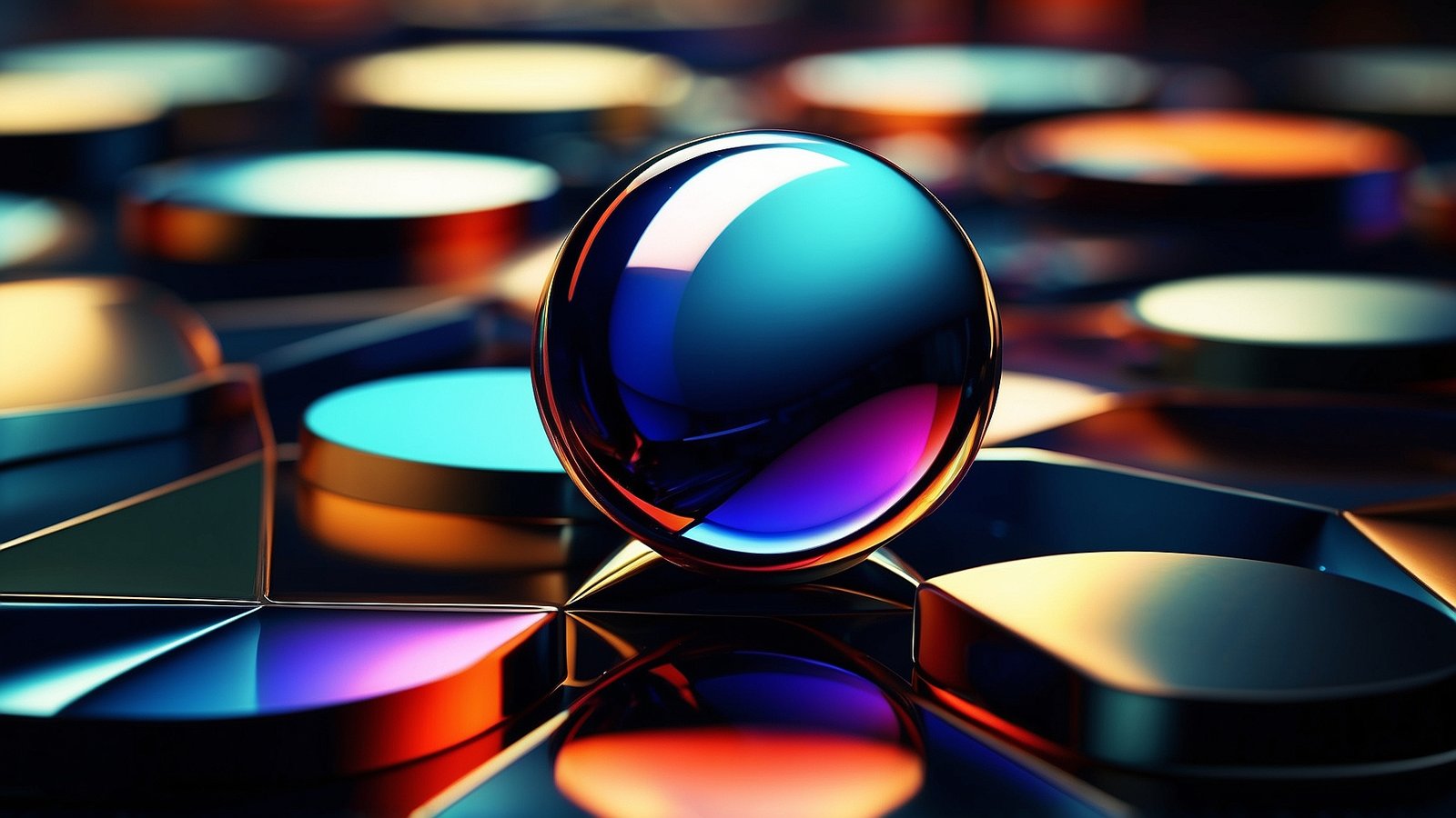 Free AI Image: Abstract Scene with Glass and Metal - Glass sphere on reflective metal plates with colorful metallic shapes in the background, creating an abstract and dynamic composition.