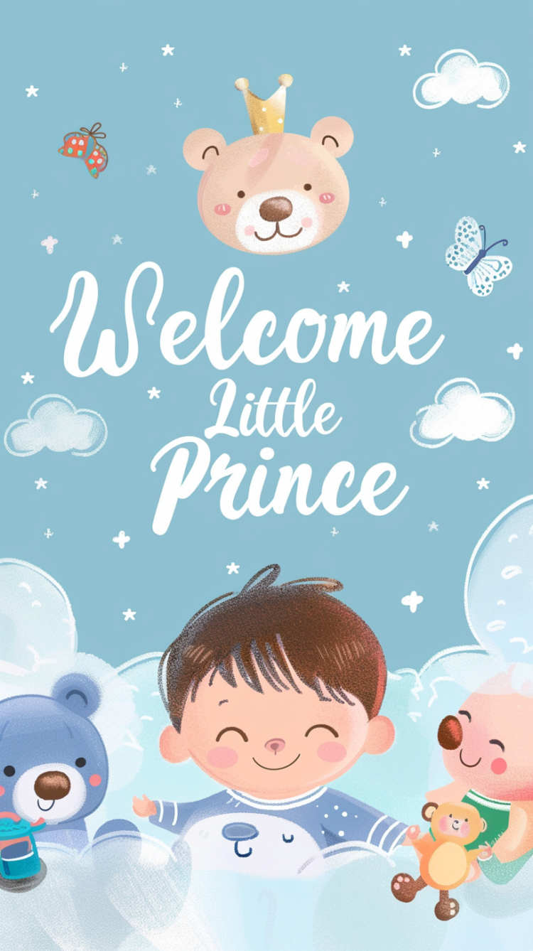 Free AI Image: It's a Boy - Cartoon-style baby boy wallpaper with "Welcome Little Prince," teddy bears, clouds, and a smiling newborn face in pastel blue.