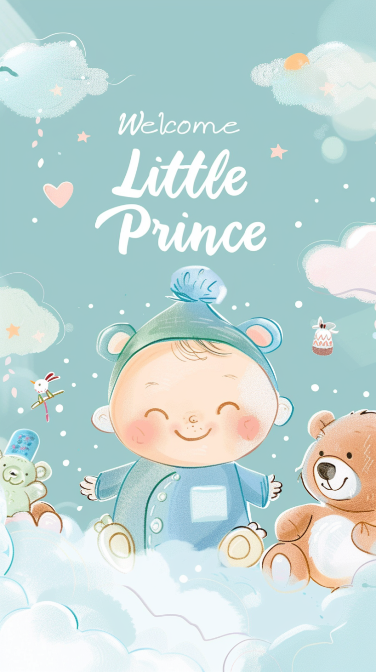 Free AI Image: It's a boy - Cartoon-style baby wallpaper with "Welcome Little Prince," clouds, teddy bears, and a smiling little prince in blue pajamas.