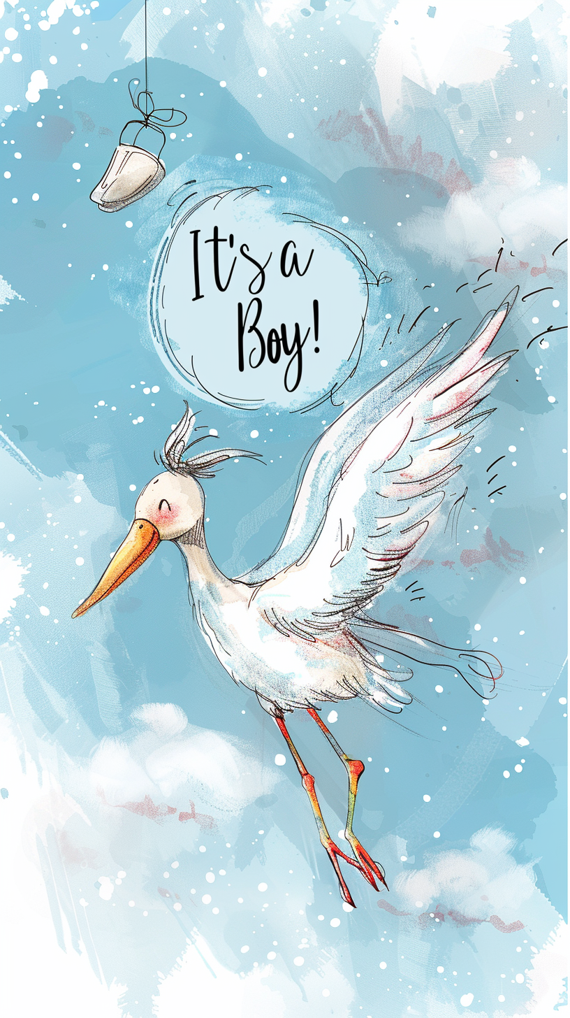 Free AI Image: It's a Boy - Cartoon stork flying with "It's a Boy!" text against a light blue background, conveying joy for a newborn announcement.