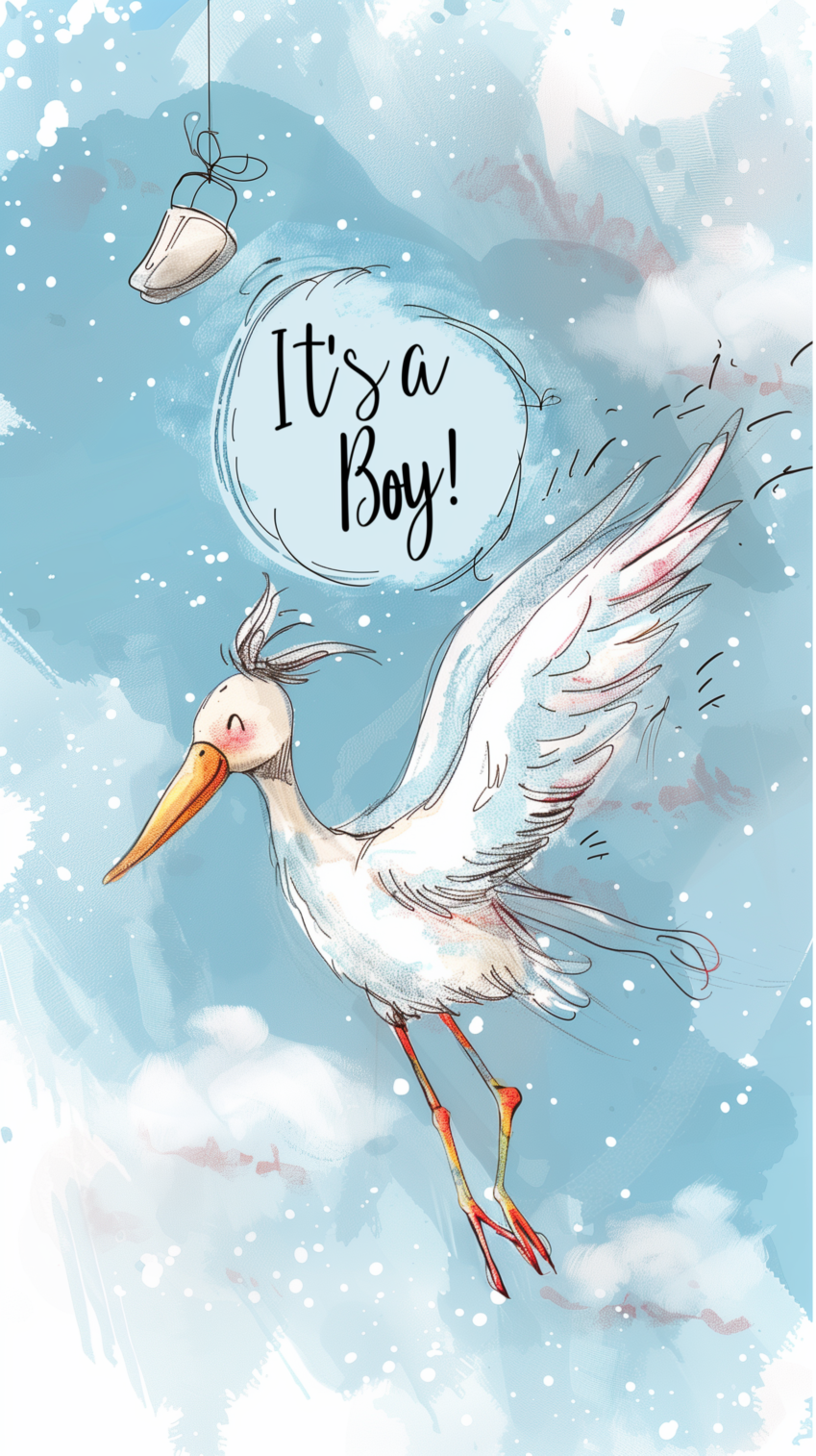 free AI joyful stork announcement for a baby boy