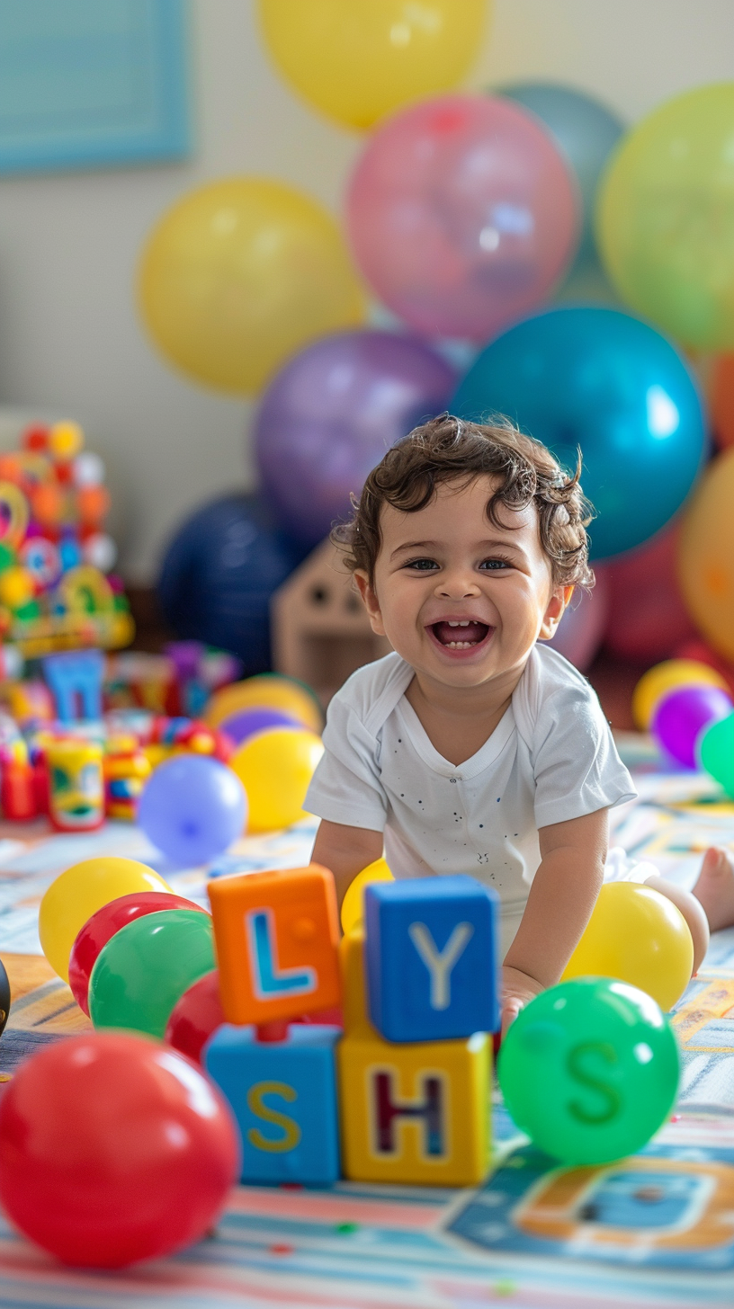 Happy baby playing with toy cube and balloons in a colorful playroom with soft lighting and a playful atmosphere.