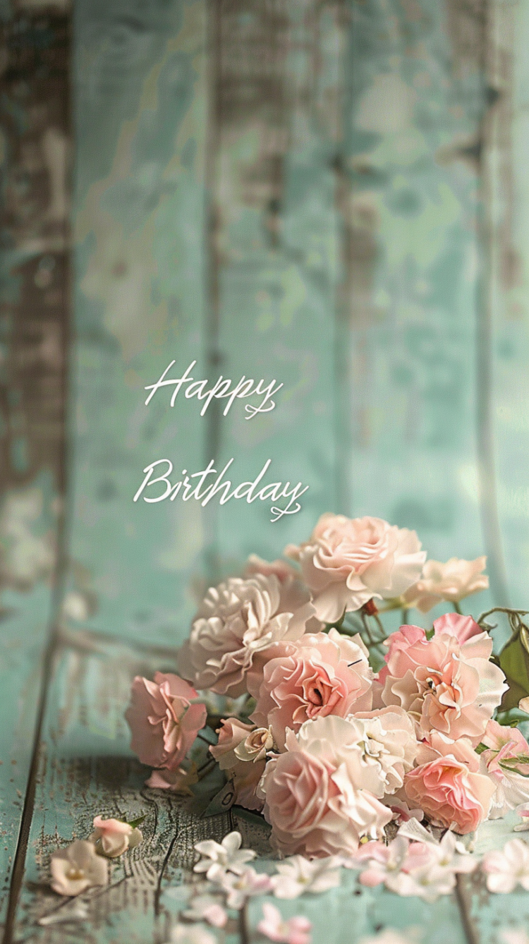 Elegant "Happy Birthday" text surrounded by pink and white roses on a wooden table, in a soft watercolor vintage style.