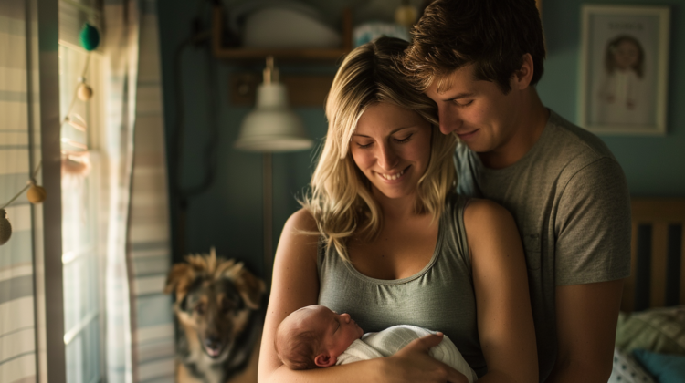 Smiling couple with their newborn baby and old dog in soft morning light, creating a warm and cinematic moment.