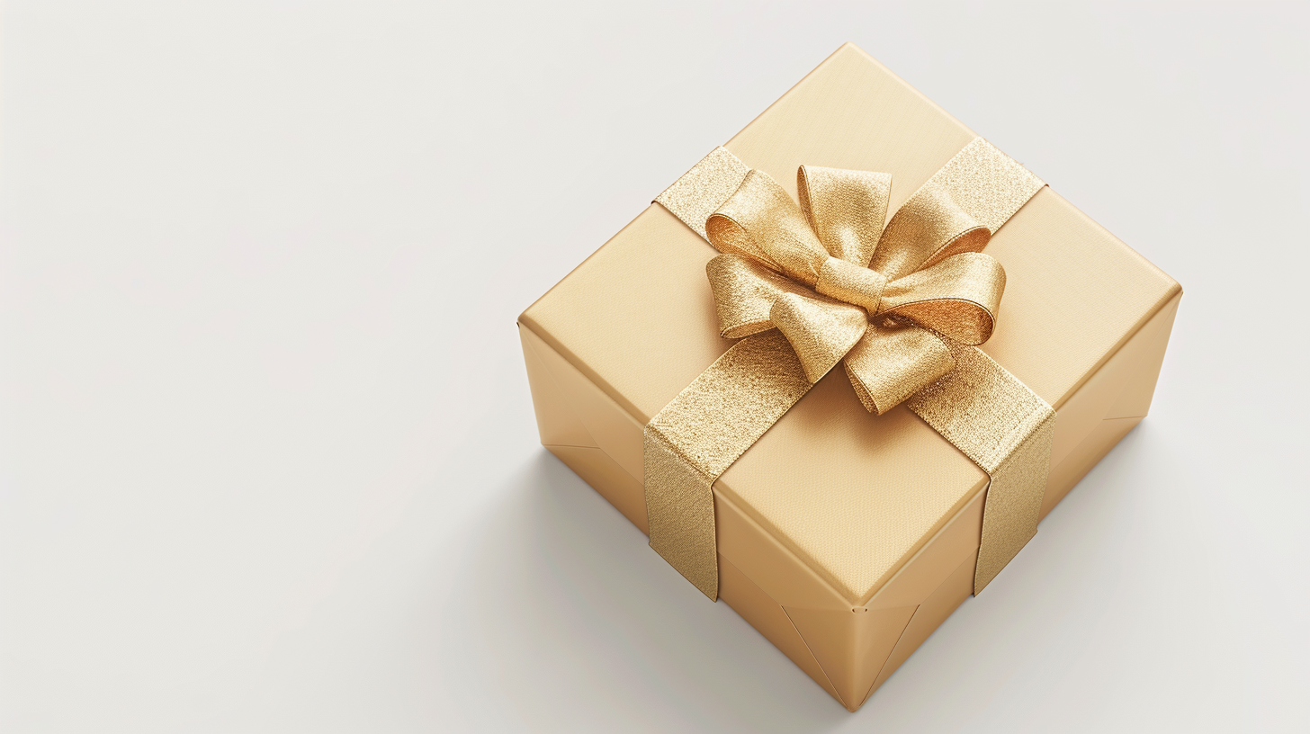 Golden gift box with ribbon on a white pastel background, top view, representing a birthday or celebration concept.