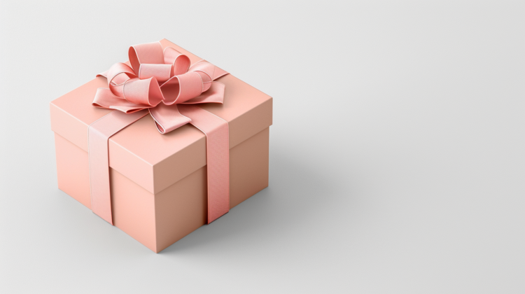 Pink gift box with a ribbon on a light gray background, isolated for a clean and elegant presentation.