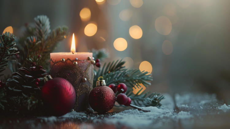 Festive Christmas candle with ornaments and snowflakes, glowing warmly on a table with a blurred bokeh background.