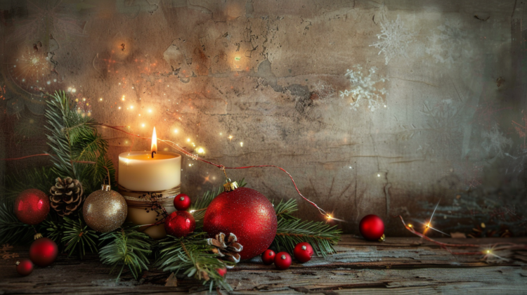 Vintage Christmas background with a candle, festive decorations, and an old wall, perfect for a holiday card design.