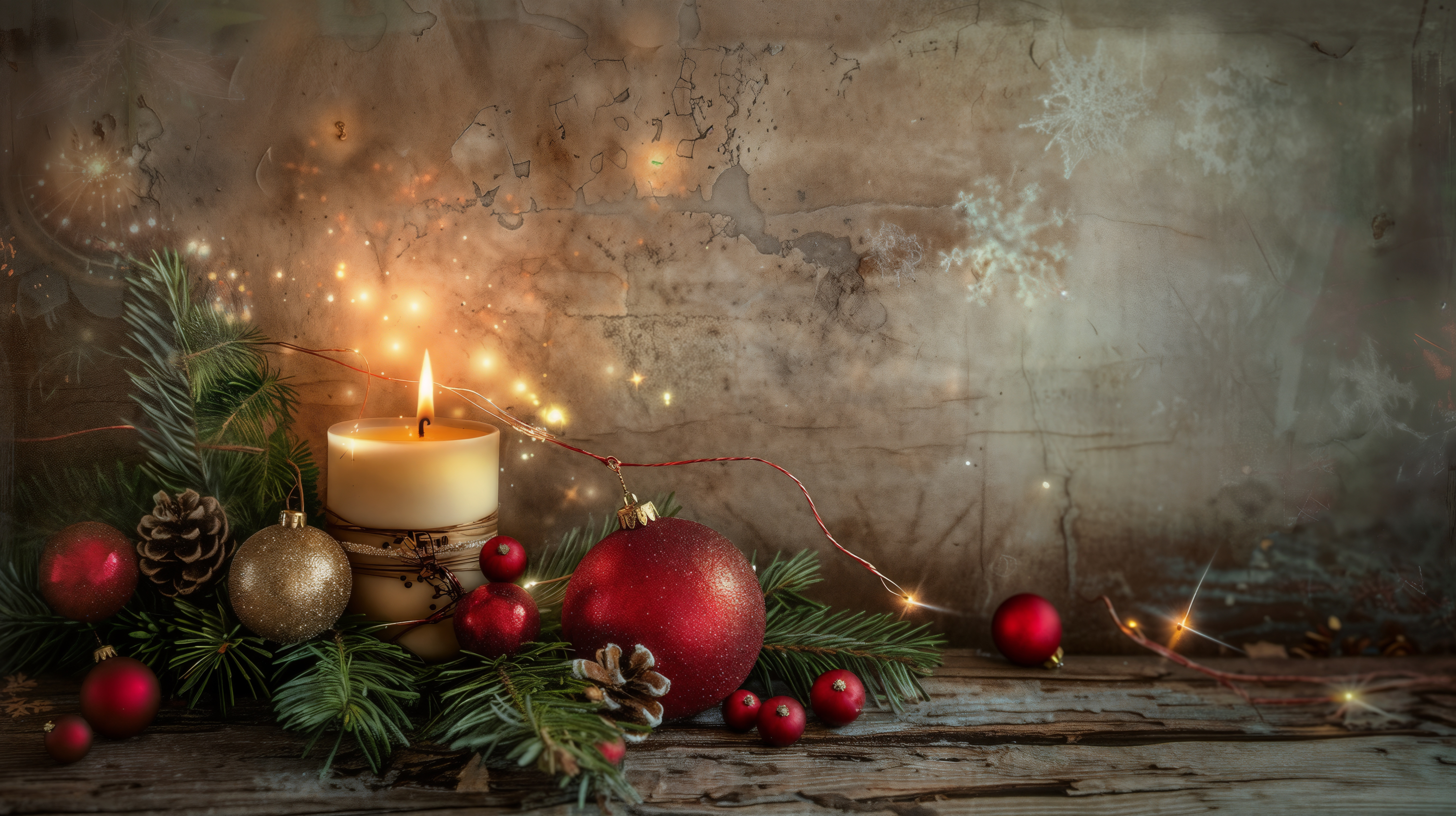 Vintage Christmas Background with Candle and Decorations