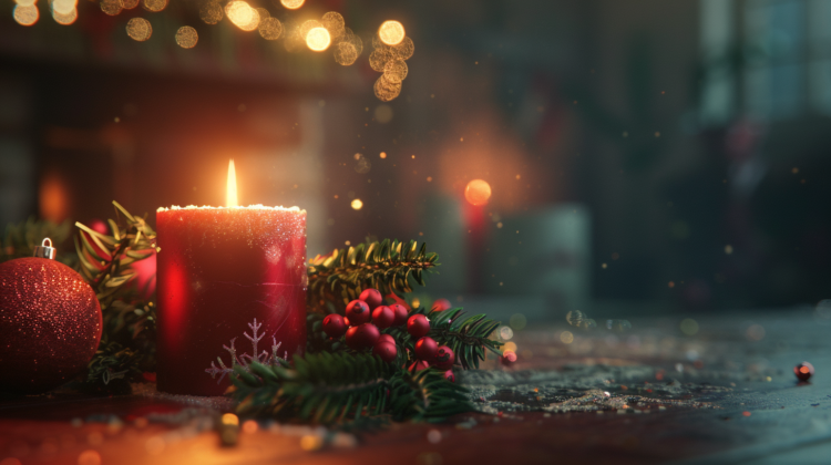 Christmas candle and red decorations on a table with warm lighting, bokeh, and cinematic realism for a festive atmosphere.