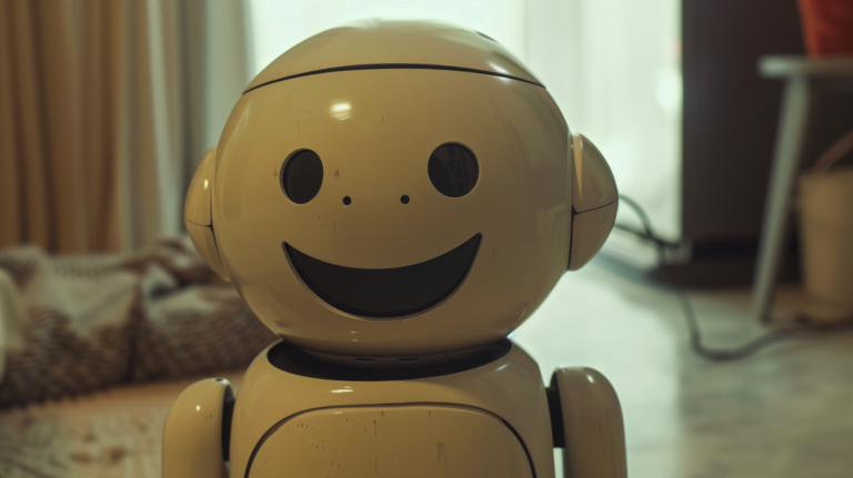 Friendly Smiling Robot in a Cozy Living Room